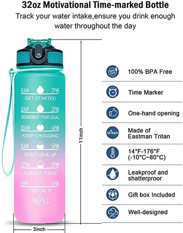 Motivational water bottle Sports Water Bottle With Straw,1000ml Leak Proof Drink Bottles with Motivational Time Marker, Non-Toxic & BPA Free, Ideal for School, Gym bottle