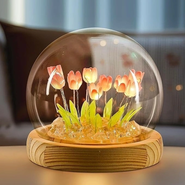 (Assembled) Fire Turtle Tulip Night Light LED Decorations Lamp, No Assembly Required, Glass Artificial Tulips Bedroom Flower Table Lamp,Birthday Mothers Day Gifts for Girlfriend Mom Women Her Wife Sister Girls