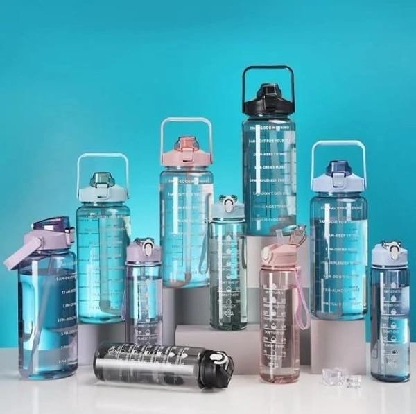 3-in-1 Transparent Water Bottle Set (2000ML, 900ML, 300ML) with Motivational Time Markers, Leakproof & Gym Bottles, Fitness, Travel (3 Pics Transparent Water Bottle Multicolor, 1)