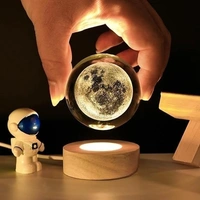 3D Moon Crystal Ball Night Lamp, Creative Engraved Night Light for Kids Room, USB Table LED Lamp with Woodern Base, Light for Home Office Decoration Birthday Gift (Moon)
