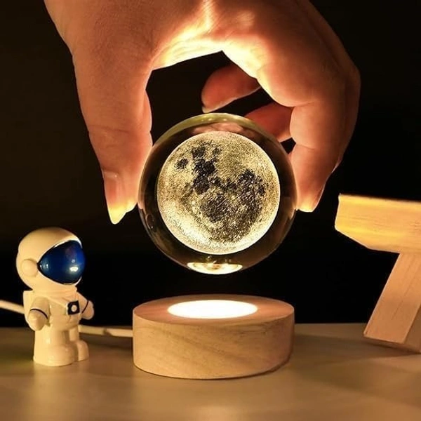 3D Moon Crystal Ball Night Lamp, Creative Engraved Night Light for Kids Room, USB Table LED Lamp with Woodern Base, Light for Home Office Decoration Birthday Gift (Moon)