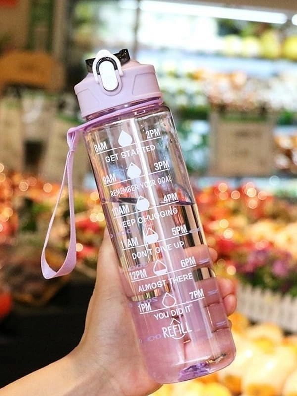 900ML Motivational Water Bottle with Time Markings Clear Plastic with Flip-Top Lid, Hourly Hydration Tracker