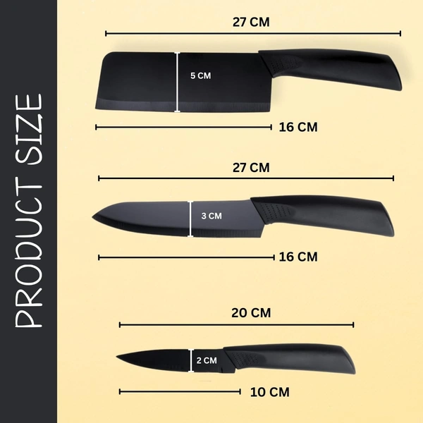 Stainless Steel Coated Black Color Kitchen Cutting Knife with Protective Cover|Ultra Sharp Edge Meat and Vegetable Knife of 3Pcs|Meat Knife 