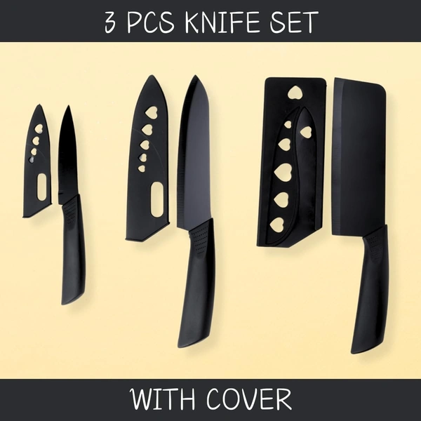 Stainless Steel Coated Black Color Kitchen Cutting Knife with Protective Cover|Ultra Sharp Edge Meat and Vegetable Knife of 3Pcs|Meat Knife 