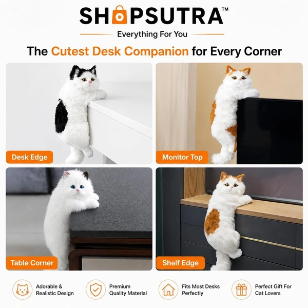 Cute Hanging Cat Decor for Desk & Table | Realistic Fluffy Cat Figurine | Cat Lover Gift | Home, Study & Computer Table Decor | Soft Toys for Baby Boys and Girls (White)