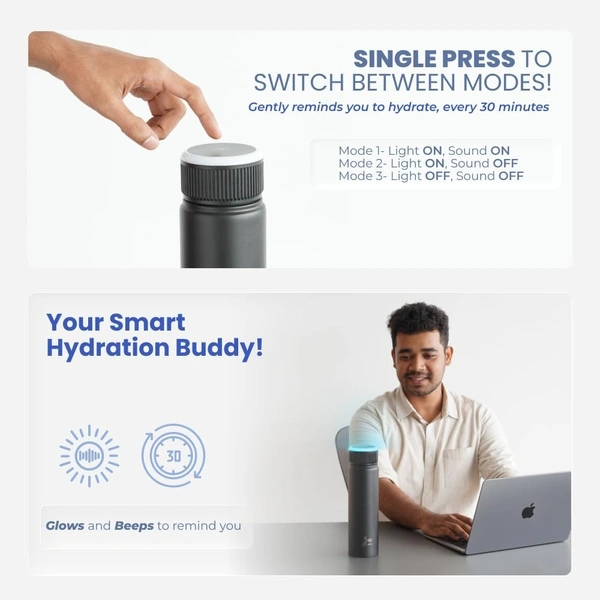 800ml Smart Water Bottle with 30-Minute Drinking Reminders (950 ml) | 6 Glow Colors + Audio Alerts | USB-C Charging | Stainless Steel | Leak-Proof | Anti-Skid Base | Matte Finish