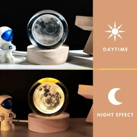 3D Moon Crystal Ball Night Lamp, Creative Engraved Night Light for Kids Room, USB Table LED Lamp with Woodern Base, Light for Home Office Decoration Birthday Gift (Moon)