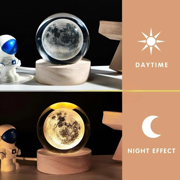 3D Moon Crystal Ball Night Lamp, Creative Engraved Night Light for Kids Room, USB Table LED Lamp with Woodern Base, Light for Home Office Decoration Birthday Gift (Moon)