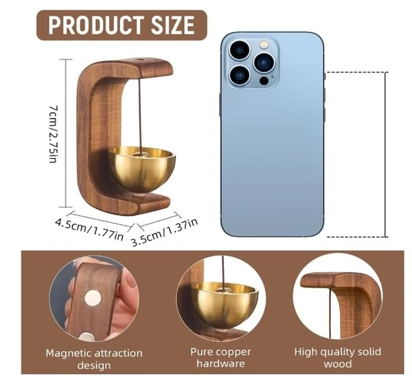 Wooden Magnetic Doorbell with Brass Bell, Japanese Style Musical Door Chime, Wood and Brass (7cm Height) Dark Brown