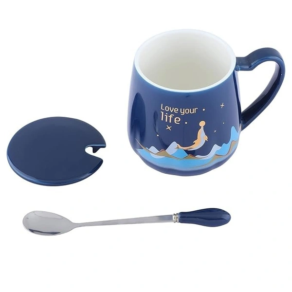 400 ml Love Your Life Coffee Mug, Mugs for Coffee, Diwali Gifts, Birthday Gift, Coffee Mug with Lid, Tea Mug, Cups and Mugs, Ceramic Coffee Mug, Cute Coffee Mug with Spoon