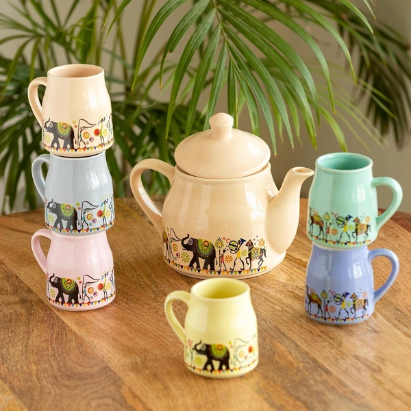ExclusiveLane 'Elephant Motif' Ceramic Tea Pot with Cup Set (6 Cups & 1 Kettle, Dishwasher & Microwave Safe) | Handcrafted Tea Cup and Kettle Set of 6 for Hot Tea & Coffee Mug Set