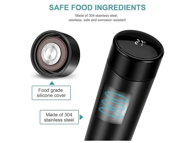 stainless Steel Water Bottle With Led Temperature Display, Double Wall Vacuum Insulated Water Bottle (Pure Black), 500 ML
