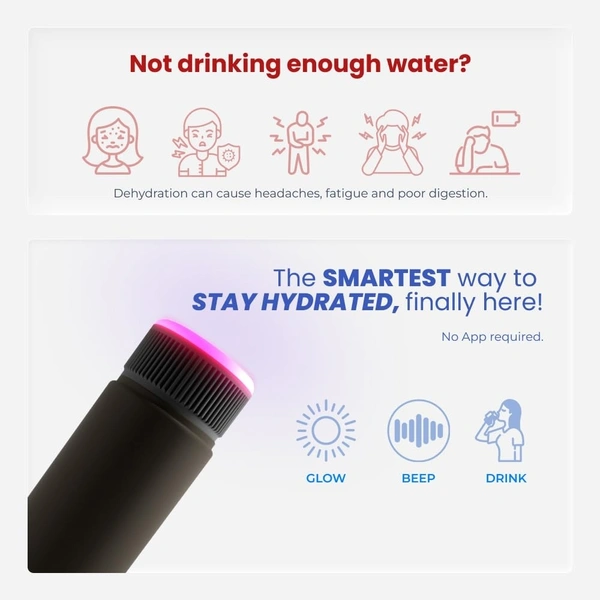 800ml Smart Water Bottle with 30-Minute Drinking Reminders (950 ml) | 6 Glow Colors + Audio Alerts | USB-C Charging | Stainless Steel | Leak-Proof | Anti-Skid Base | Matte Finish
