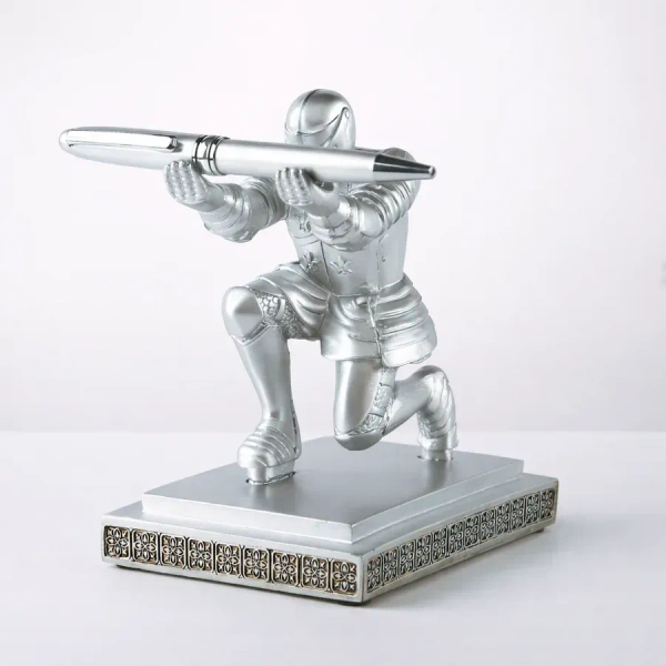 Knight Pen Holder – Decorative Resin Pen Holder and Desk Organizer with Knight Design, Office and Home Ornament, Elegant Silver Finish, Gift for Professionals & Students