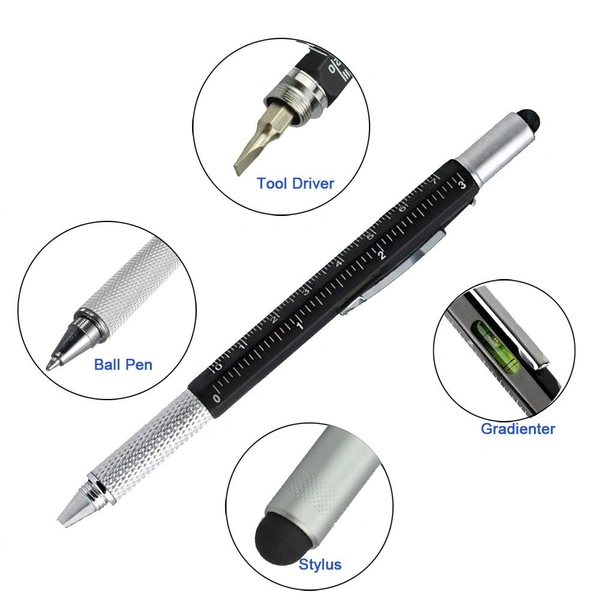 7-in-1 Multi-Tool Pen [Touchscreen Stylus, Ballpoint Ruler, Level, Phone Holder, Corkscrew, Phillips Screwdriver and Flathead] 