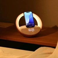 Alarm Clock with Wireless Charging, Speakers Bluetooth 5.3, 15W Wireless Charger Bedside Alarms Clocks, Sunrise Simulation Wake Up Night Light, 2400 mah Alarm Clock for Bedroom Iphone/Samsung