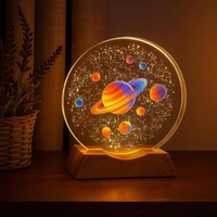  3D Acrylic Planets Crystal Ball Night Lamp with Wooden Base | USB LED Table Light for Bedroom, Kids Room & Home Decor | Bedside Lamp & Gift for Boys & Girls