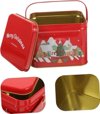 Christmas Metal Cookie Tins Xmas Square Candy Tinplate Container Holiday Treat Favor Box with Lid and Handle for Chocolate Christmas Wrapping Party Favor