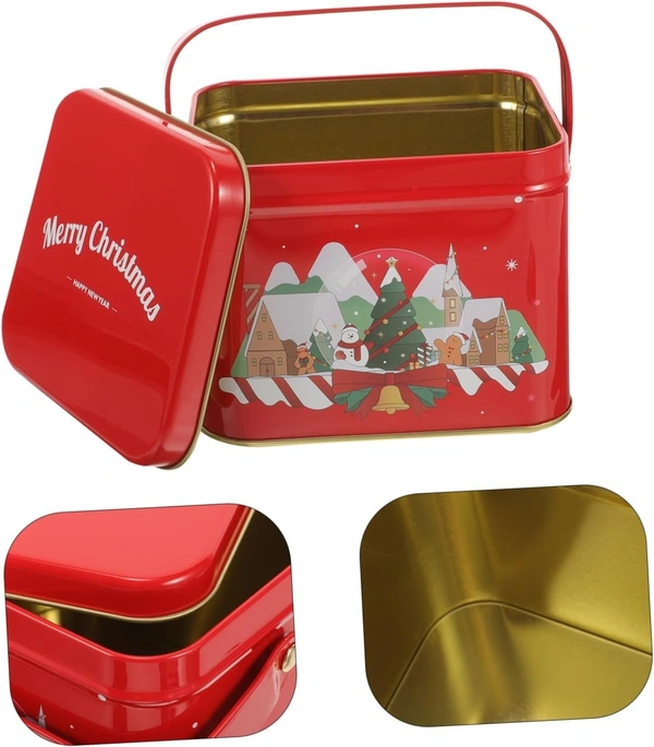 Christmas Metal Cookie Tins Xmas Square Candy Tinplate Container Holiday Treat Favor Box with Lid and Handle for Chocolate Christmas Wrapping Party Favor
