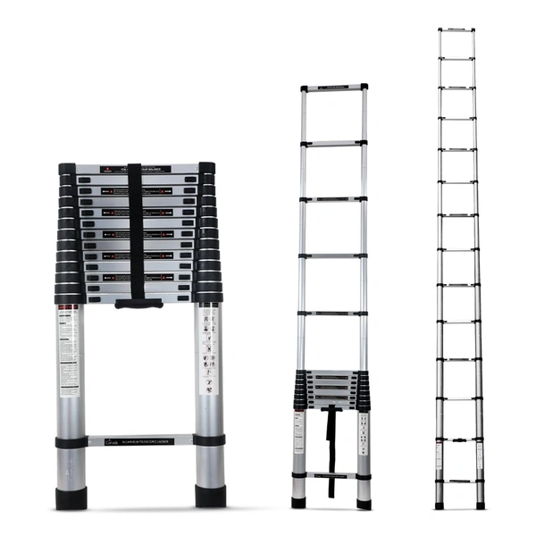 5.0m (16.5 feet) Portable & Compact Aluminium Telescopic Ladder | 2-Year Warranty | EN131 Certified 14-Steps Foldable Multipurpose Collapsible Ladder for Home & Outdoor use Silver