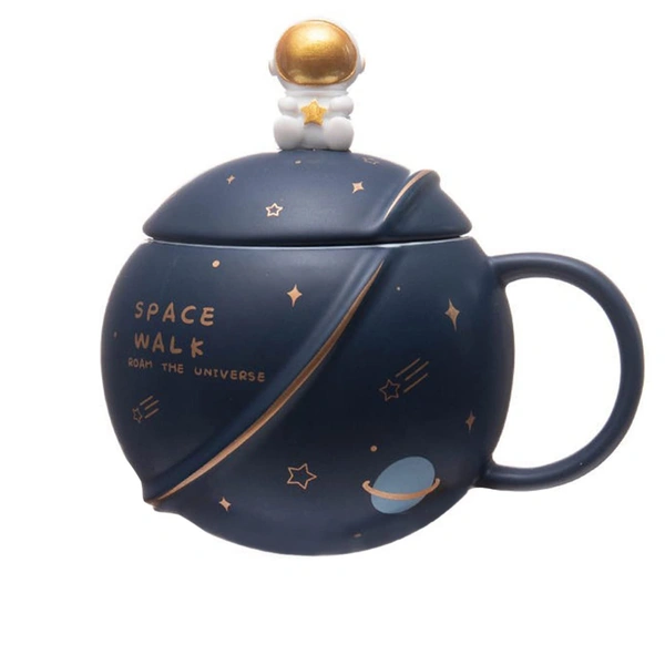 Ceramic Astronaut Coffee Mug with Lid & Spoon, 3D Creative Space Mug for Coffee, Tea, and Milk | Ideal Diwali & Birthday Gift | Unique Novelty Mug for Men, 450ml/15oz (Blue)