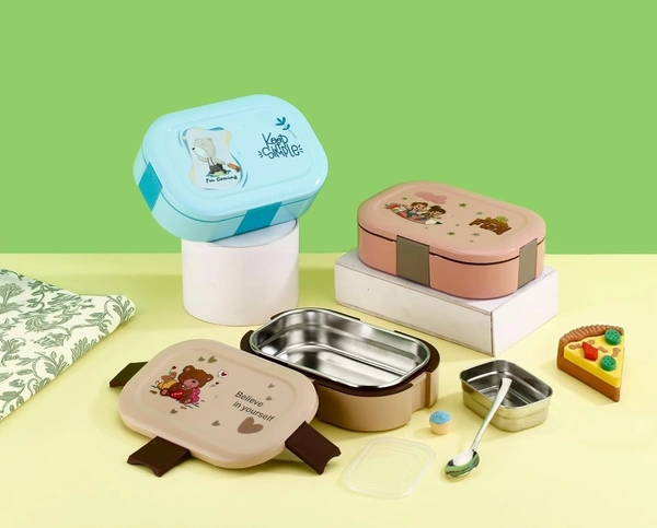 Stainless Steel Tiffin Lunch Box Container/Dabba with 4 Side Clip Lock Lid for Office, Kids School, Travel Food Grade Airtight | Easy to Carry Leakproof Compartment Insulated Meal Holder