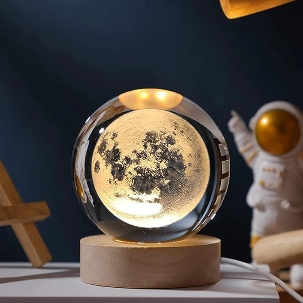 3D Moon Crystal Ball Night Lamp, Creative Engraved Night Light for Kids Room, USB Table LED Lamp with Woodern Base, Light for Home Office Decoration Birthday Gift (Moon)