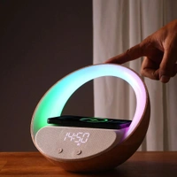 Alarm Clock with Wireless Charging, Speakers Bluetooth 5.3, 15W Wireless Charger Bedside Alarms Clocks, Sunrise Simulation Wake Up Night Light, 2400 mah Alarm Clock for Bedroom Iphone/Samsung