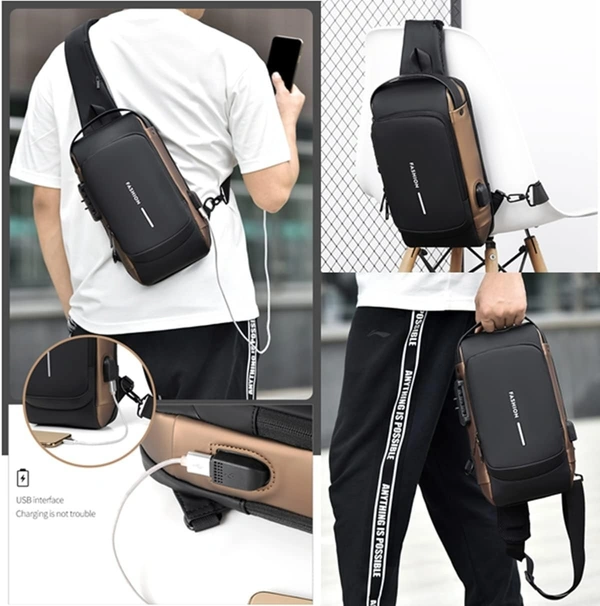 Chest Bag Men's Sling Bag, Password Protection, Anti-Theft Crossbody Bag, Shoulder Bag, Outdoor Waterproof Casual Men's Bag, Black / Brown, Retro