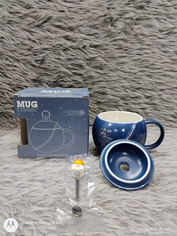 Ceramic Astronaut Coffee Mug with Lid & Spoon, 3D Creative Space Mug for Coffee, Tea, and Milk | Ideal Diwali & Birthday Gift | Unique Novelty Mug for Men, 450ml/15oz (Blue)