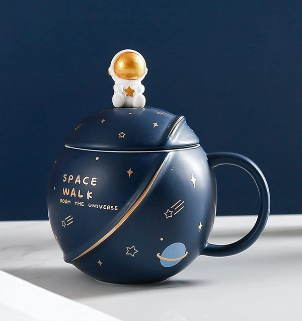 Ceramic Astronaut Coffee Mug with Lid & Spoon, 3D Creative Space Mug for Coffee, Tea, and Milk | Ideal Diwali & Birthday Gift | Unique Novelty Mug for Men, 450ml/15oz (Blue)