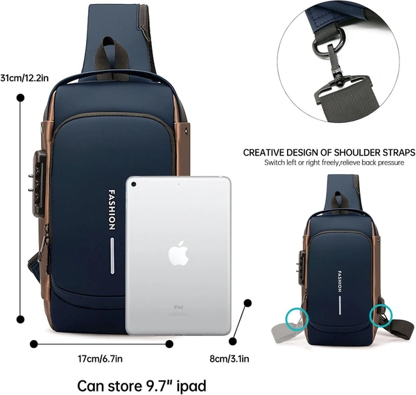 Anti-Theft Chest Bag for Men Women Sling Bag Crossbody Backpack Men's Shoulder Bag Waterproof Password Protection Shoulder Bag with USB, Blue with brown, Rucksack