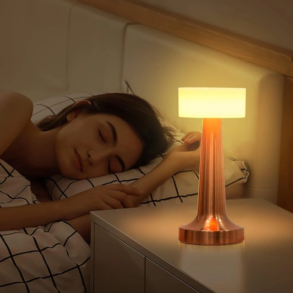 Dumbbell Shape Rechargeable RoseGold Metal LED Table Lamp with Touch Sensor, 3 Levels Brightness, Cozy Warm Lighting - Ideal Bedside Lamp or Night Light for Kids Nursery, Room Decor, Cafe Bar - Low Quality