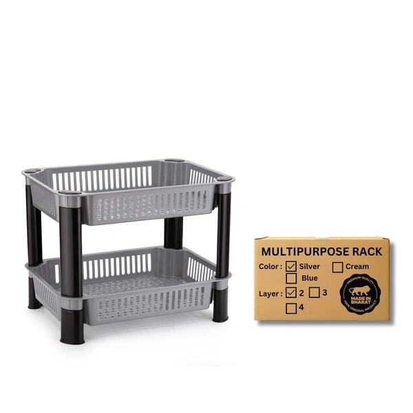 Multipurpose Plastic Storage Rack for Kitchen, Fruit Corner Storage Stand Basket, Countertop Kitchen Organizer Cart, Kitchen Trolley Rack (2 Layer, Silver)Rectangular