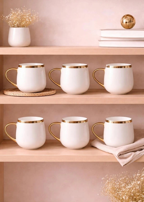 Luxury Porcelain Tea Cup Set of 6 with Gold Rim | Pearl White Ceramic Coffee Mugs for Tea & Coffee | Premium Round Tea Cups for Home, Dining & Gifting | Elegant Modern Serveware