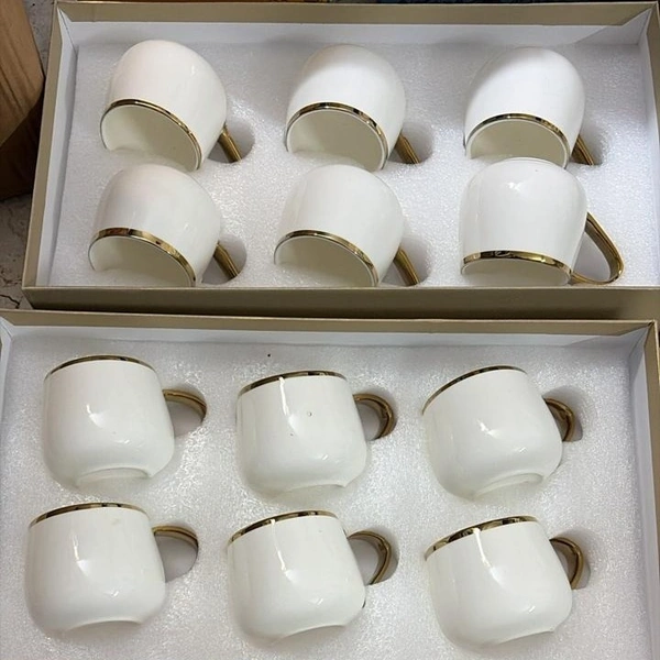 Luxury Porcelain Tea Cup Set of 6 with Gold Rim | Pearl White Ceramic Coffee Mugs for Tea & Coffee | Premium Round Tea Cups for Home, Dining & Gifting | Elegant Modern Serveware