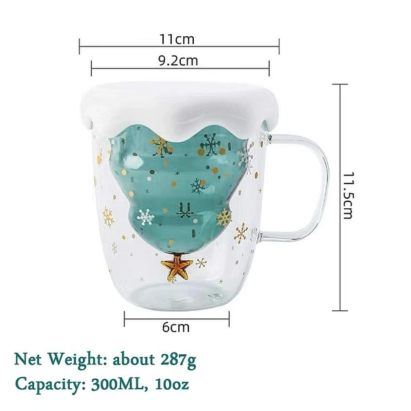 Fun Christmas Coffee Mugs Holiday Cups, 10oz Double Wall Glass Tableware with Lid and Handle, Tree Snowflake Glassware for Tea, Milk, Beverage, Juice, Water, 300ML (With Lid)