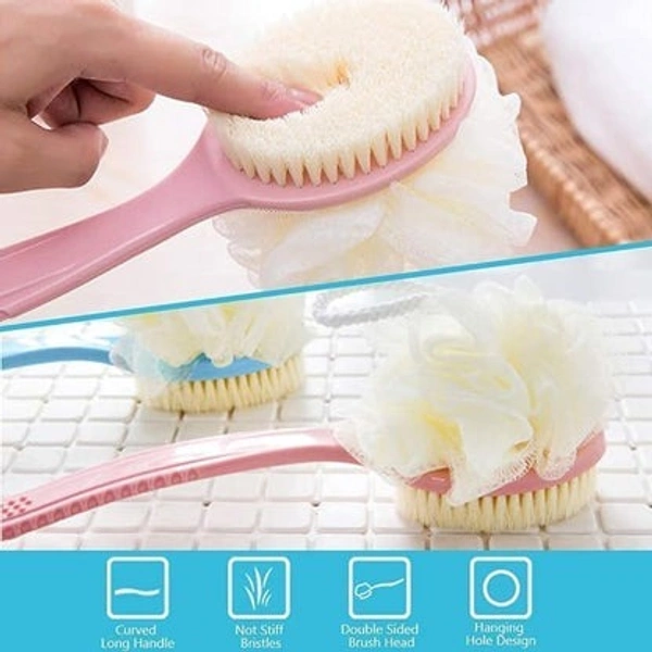 2 IN 1 Loofah with handle Body Brush, Bath shower Brush & Loofah Back Scrubber with Curved Long Handled for Skin Exfoliating Bath, Massage Bristles Suitable for Wet or Dry, Men and Women (Multi Color)