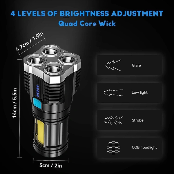 Emergency Torch Rechargeable Multifunctional Portable LED Flashlight Torch Long Distance Beam Range with 4 Lighting Modes and COB Light for Outdoor, Indoor,Hiking,Walking,Camping