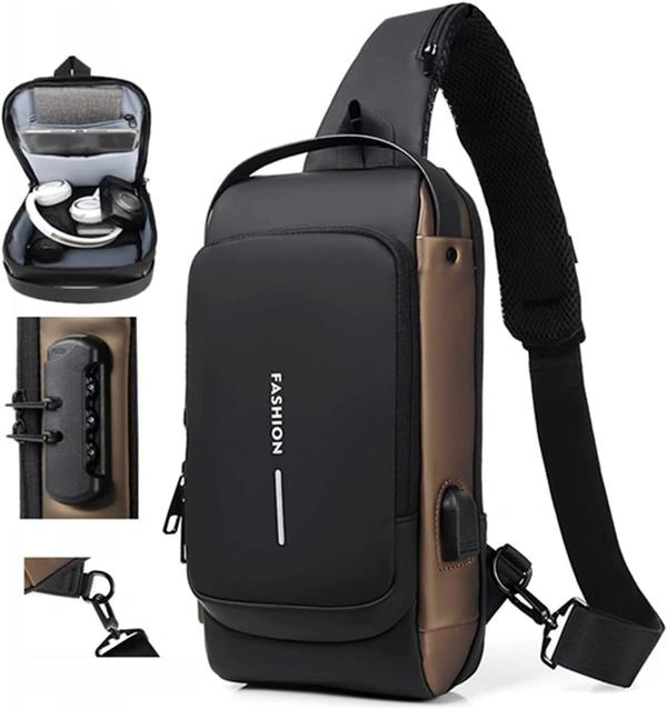 Chest Bag Men's Sling Bag, Password Protection, Anti-Theft Crossbody Bag, Shoulder Bag, Outdoor Waterproof Casual Men's Bag, Black / Brown, Retro