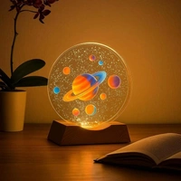  3D Acrylic Planets Crystal Ball Night Lamp with Wooden Base | USB LED Table Light for Bedroom, Kids Room & Home Decor | Bedside Lamp & Gift for Boys & Girls
