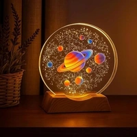 3D Acrylic Planets Crystal Ball Night Lamp with Wooden Base | USB LED Table Light for Bedroom, Kids Room & Home Decor | Bedside Lamp & Gift for Boys & Girls