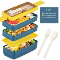 Bento Box Lunch Box, 3-In-1 Compartment Containers - Wheat Straw, Leakproof Eco-Friendly Stackable Bento Lunch Box Meal Prep