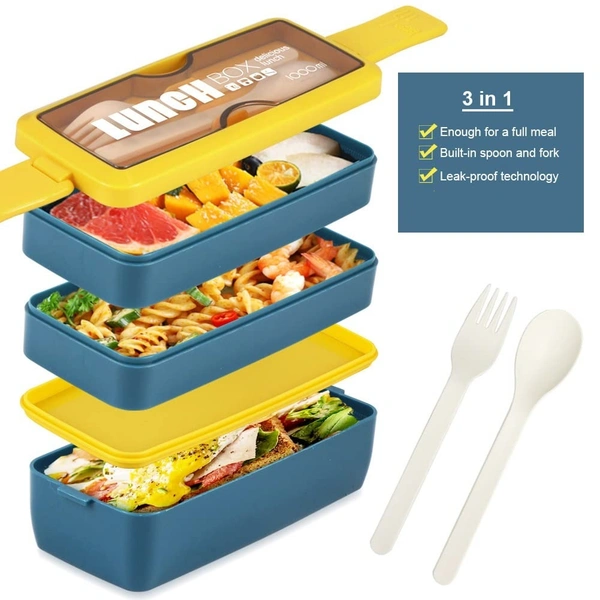 Bento Box Lunch Box, 3-In-1 Compartment Containers - Wheat Straw, Leakproof Eco-Friendly Stackable Bento Lunch Box Meal Prep