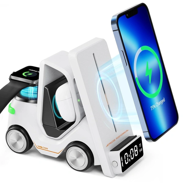 Charge Cruiser - 3-in-1 Wireless Charger with Clock | Wireless Magentic Charger for iPhone,Smart Phone,Smart Watch,Earpod & Digital Clock | Alarm Clock & Lamp | Compact Toy Car Design