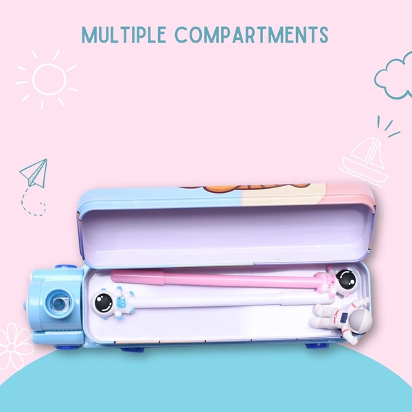 Bus Cartoon Printed Train Metal Pencil Box Geometry with Moving Tyres and Sharpener Compass Box Multiple Compartments Pencil Case for Kids School Stationery