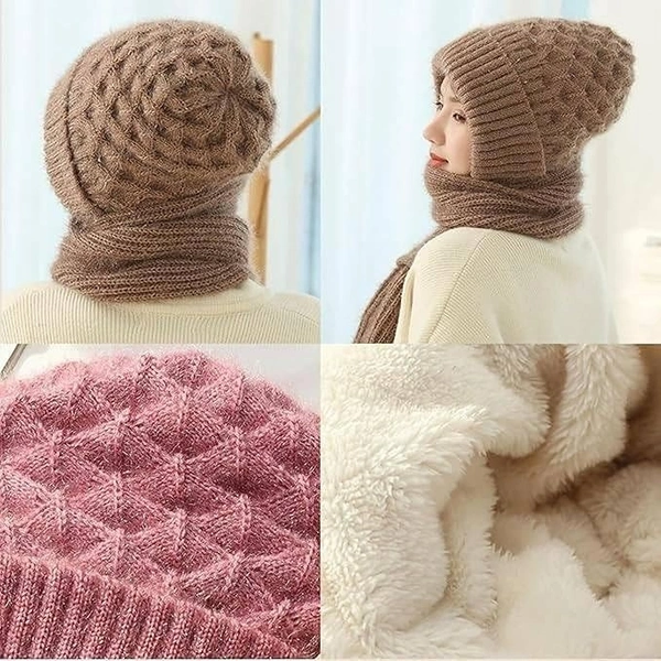 Women’s 2-in-1 Integrated Hat & Scarf, Windproof Winter Woolen Cap with Ear Protection, Cold-Resistant Fleece Lining, Soft & Comfortable for Winter Activities Multicolour