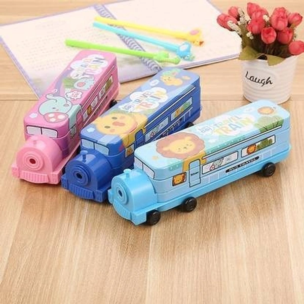 Bus Cartoon Printed Train Metal Pencil Box Geometry with Moving Tyres and Sharpener Compass Box Multiple Compartments Pencil Case for Kids School Stationery