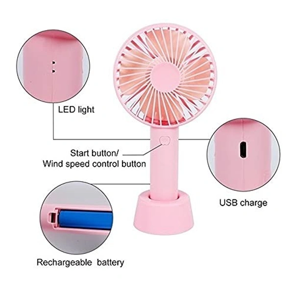 Portable Handheld Hand Mini USB/Battery Operated Adjustable High Speed Rechargeable Fan SS2 for Home, Travel, Bedroom, Car & Office with Stand and Free Battery (Random Colour)