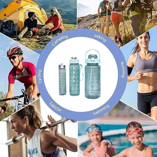 3-in-1 Transparent Water Bottle Set (2000ML, 900ML, 300ML) with Motivational Time Markers, Leakproof & Gym Bottles, Fitness, Travel (3 Pics Transparent Water Bottle Multicolor, 1)